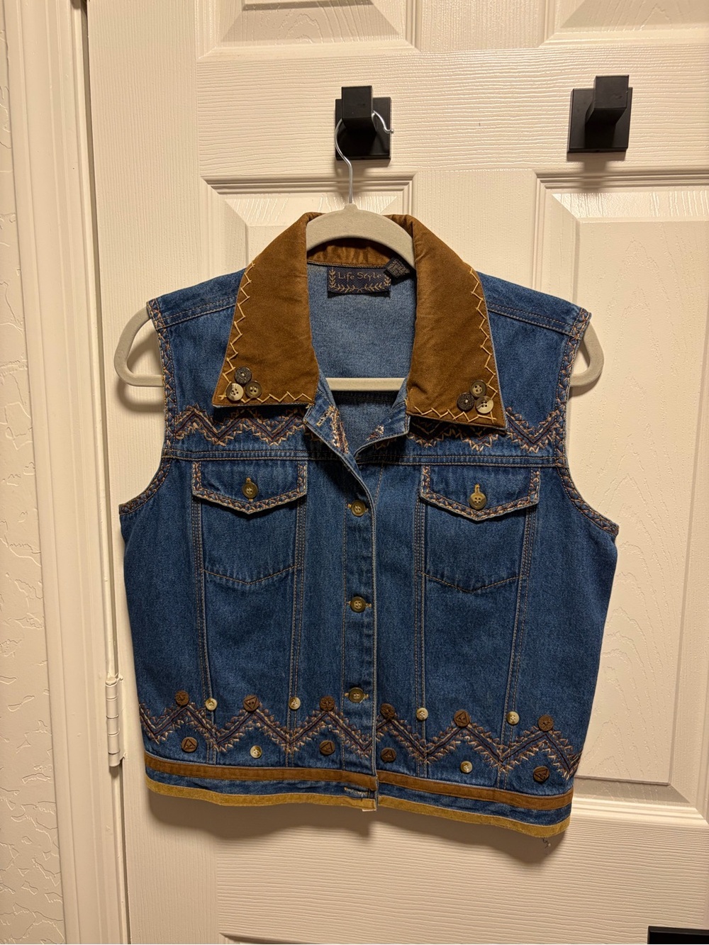 Vintage Denim Vest with Brown Suede Collar